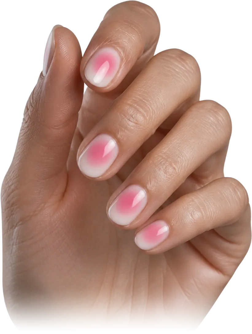 Mano con uñas cortas ovaladas con efecto aura rosa