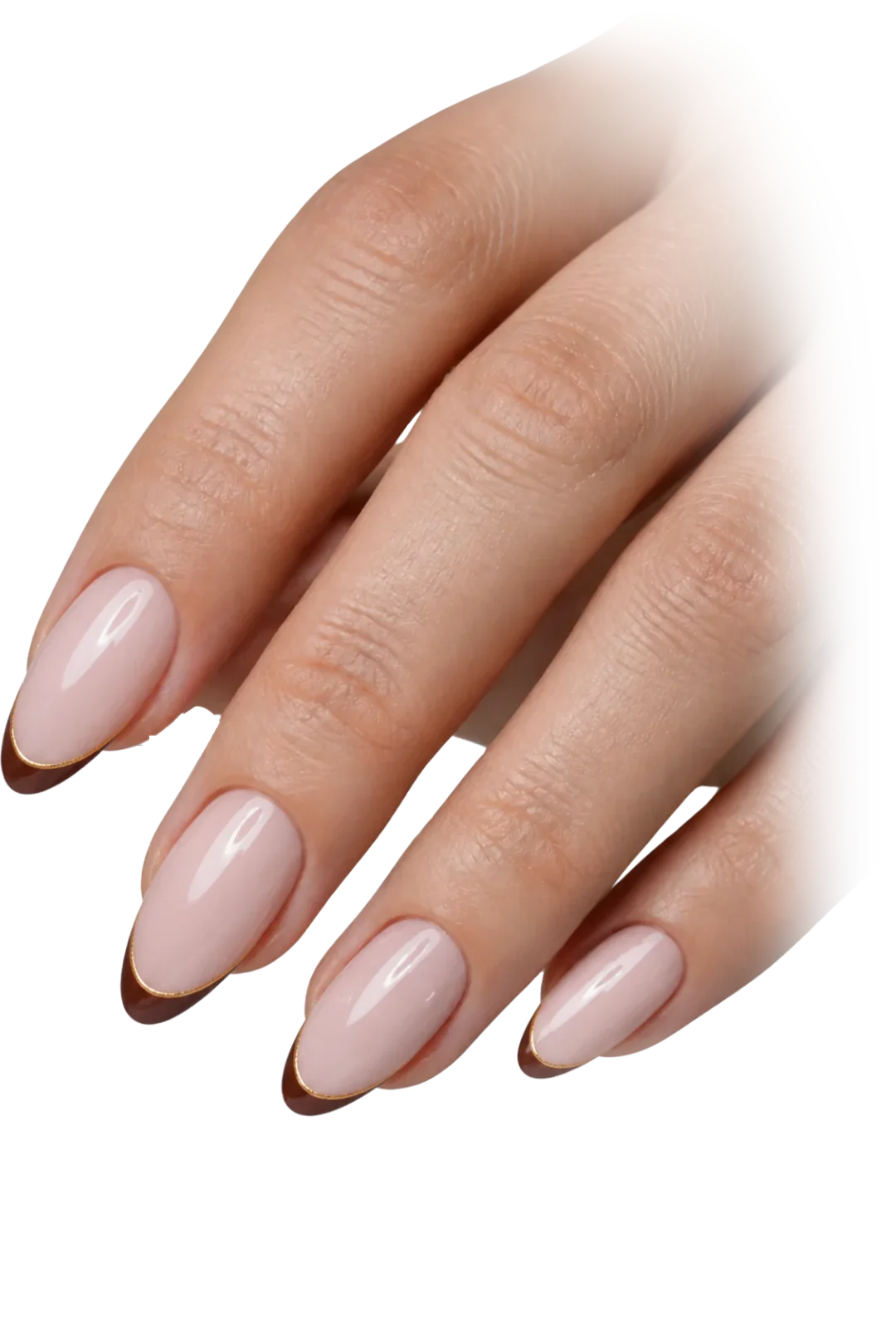 Mano con uñas almendra rosa lechoso con punta francesa de chocolate y un hilo dorado