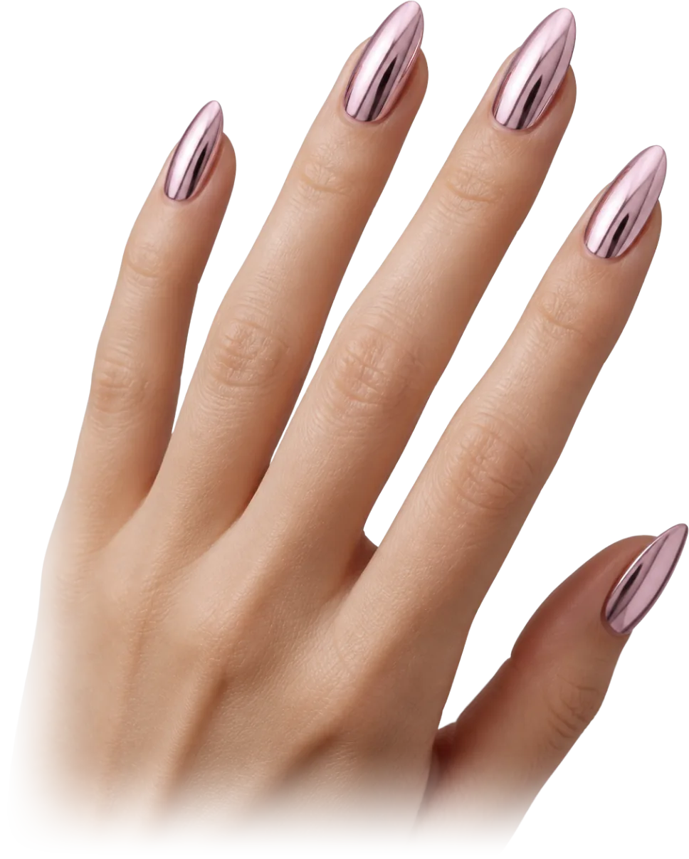 Mano con uñas almendra en chrome rosa